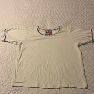 Johnny Was White Tee with Multicolor Embroidery